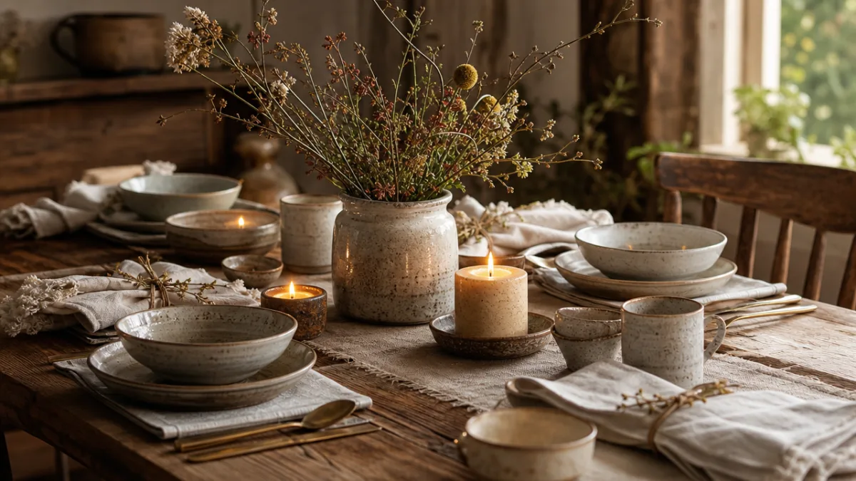 a rustic dining table with handmade centerpiece, warm candlelight, and artisanal ceramic…