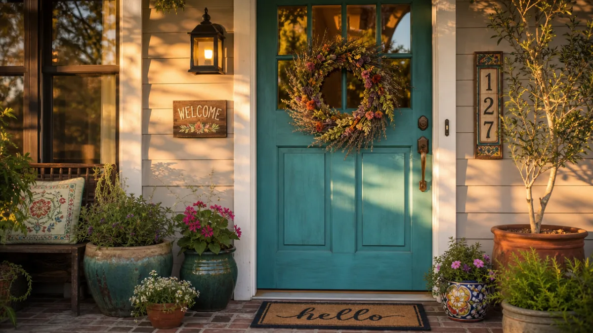 a welcoming front entryway with a colorful painted door, handmade wreath, and…