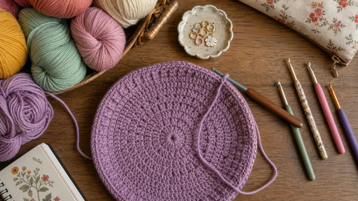 a flat lay of colorful yarn skeins, crochet hooks, and a half-finished…