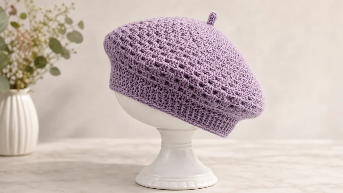 a finished crochet beret displayed on a white ceramic hat stand, soft…