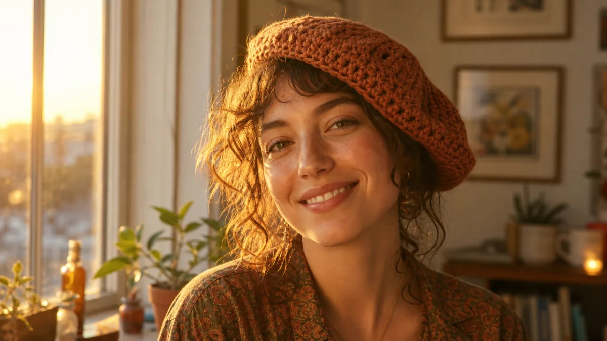a smiling person wearing a slouchy crochet beret tilted to one side,…