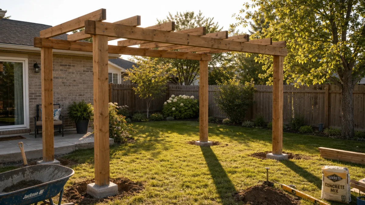 a backyard construction scene with freshly set wooden pergola posts in concrete,…