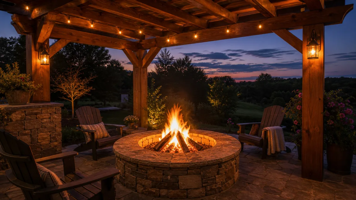a stone and brick firepit glowing with orange flames beneath a wooden…