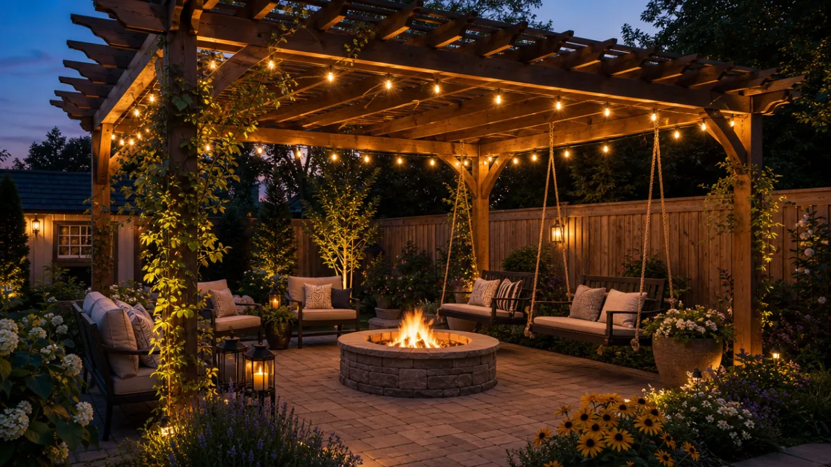 a completed backyard pergola with string lights glowing softly, swings hanging from…
