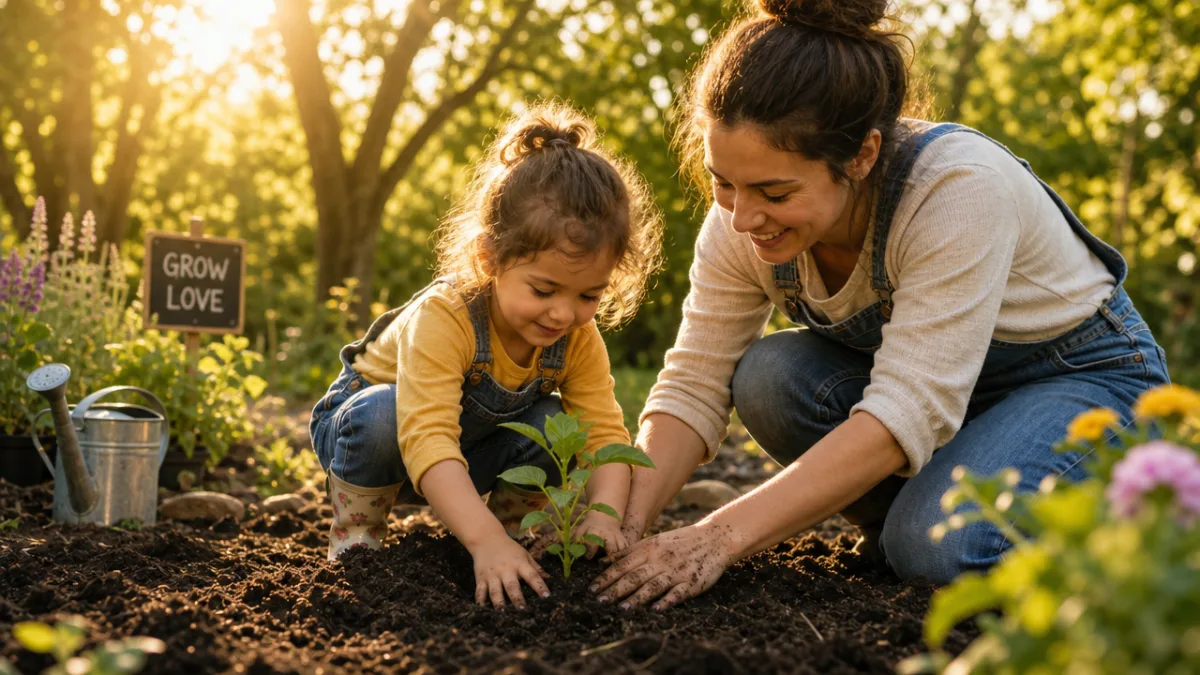 a woman and child planting a seedling in rich dark garden soil,…