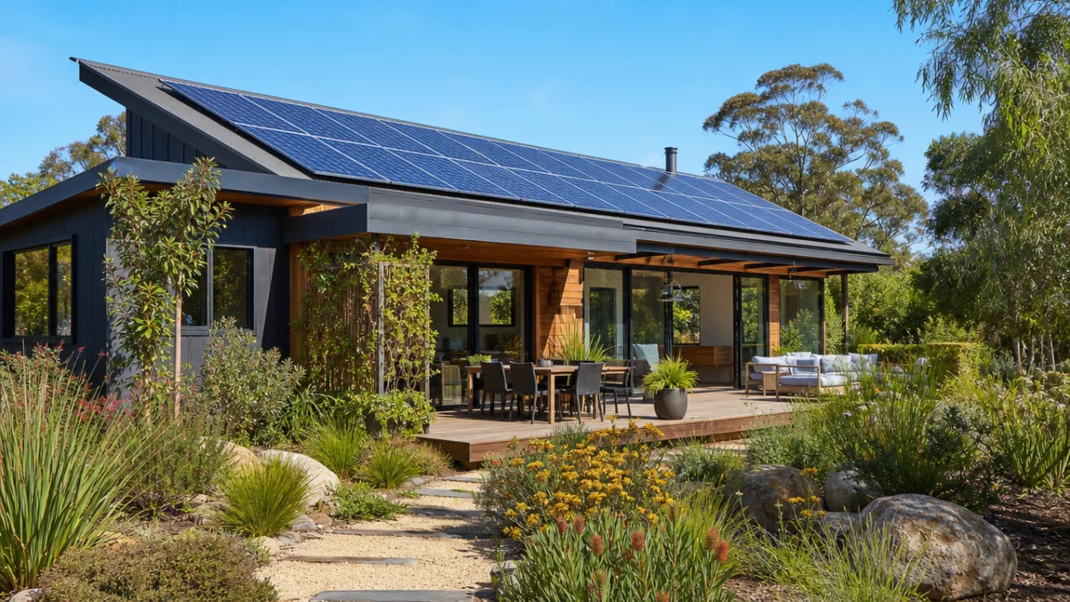 a modern home with solar panels on the roof surrounded by lush…