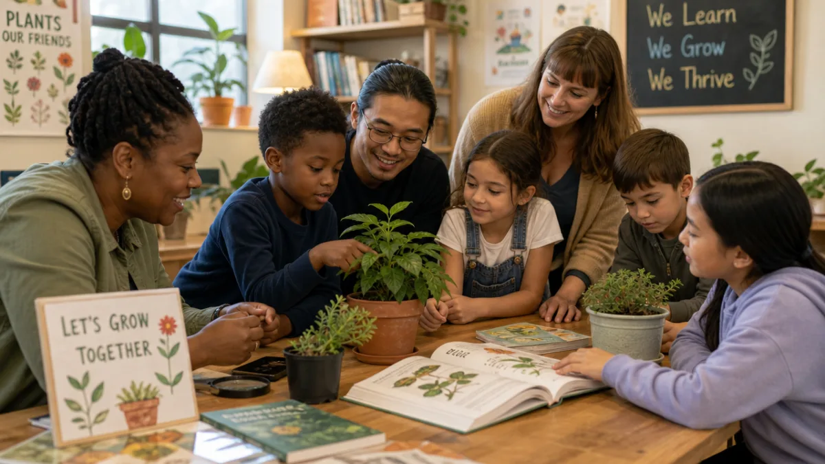 a diverse group of adults and children gathered around a table with…