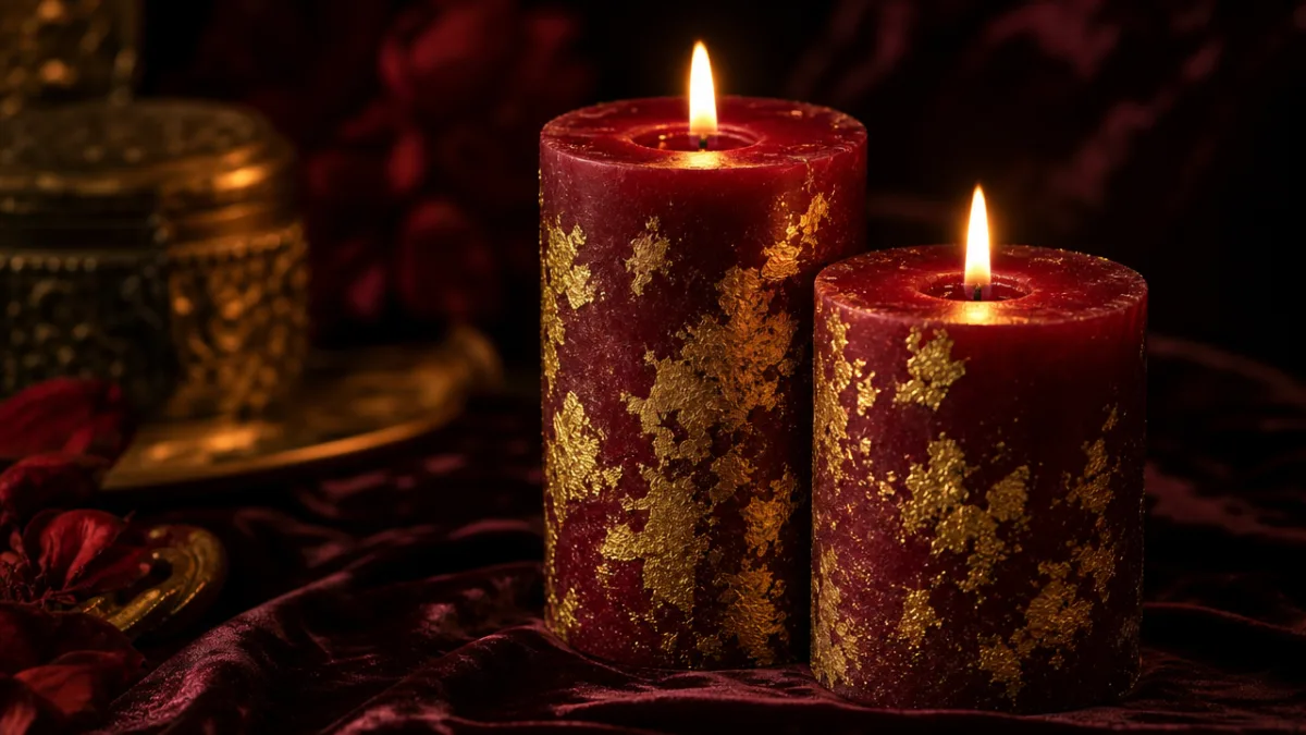 a pair of deep ruby red candles with shimmering gold leaf on…