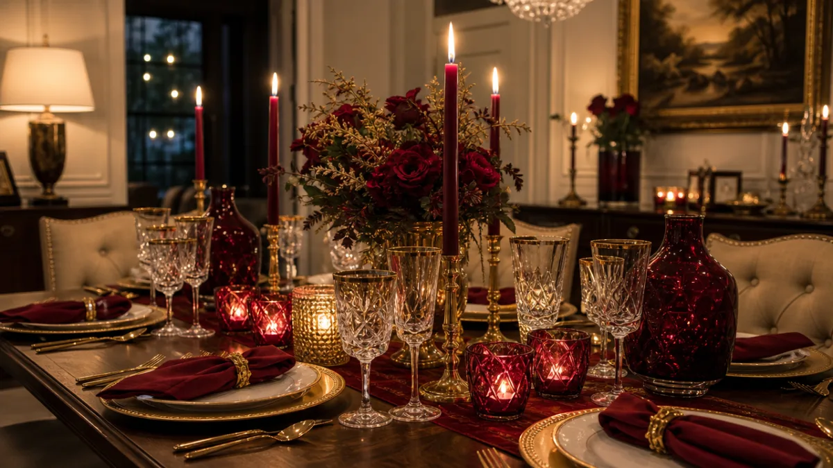 an elegant home dining table styled with ruby red candles, gold accents,…