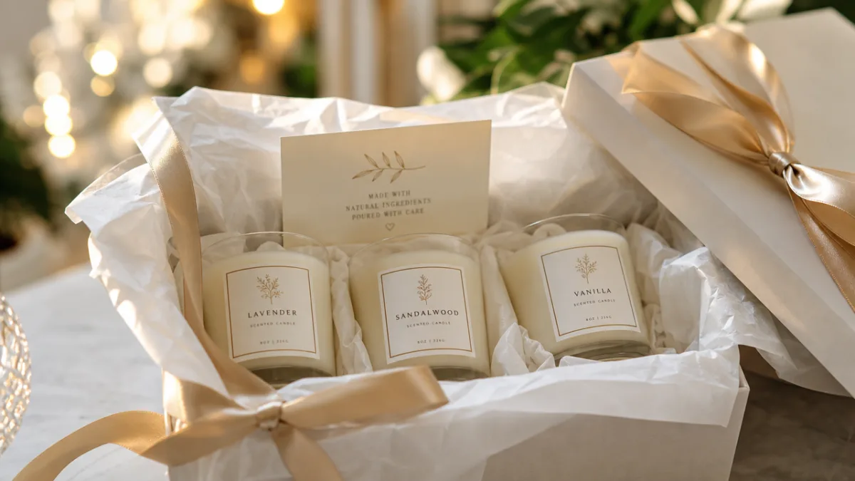 luxury candle gift set wrapped in tissue paper with gold ribbon, soft…