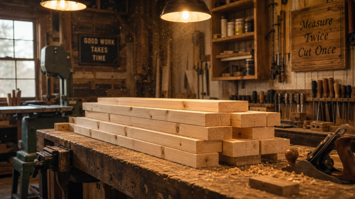 a rustic woodworking workshop with pine lumber stacked on a workbench, warm…