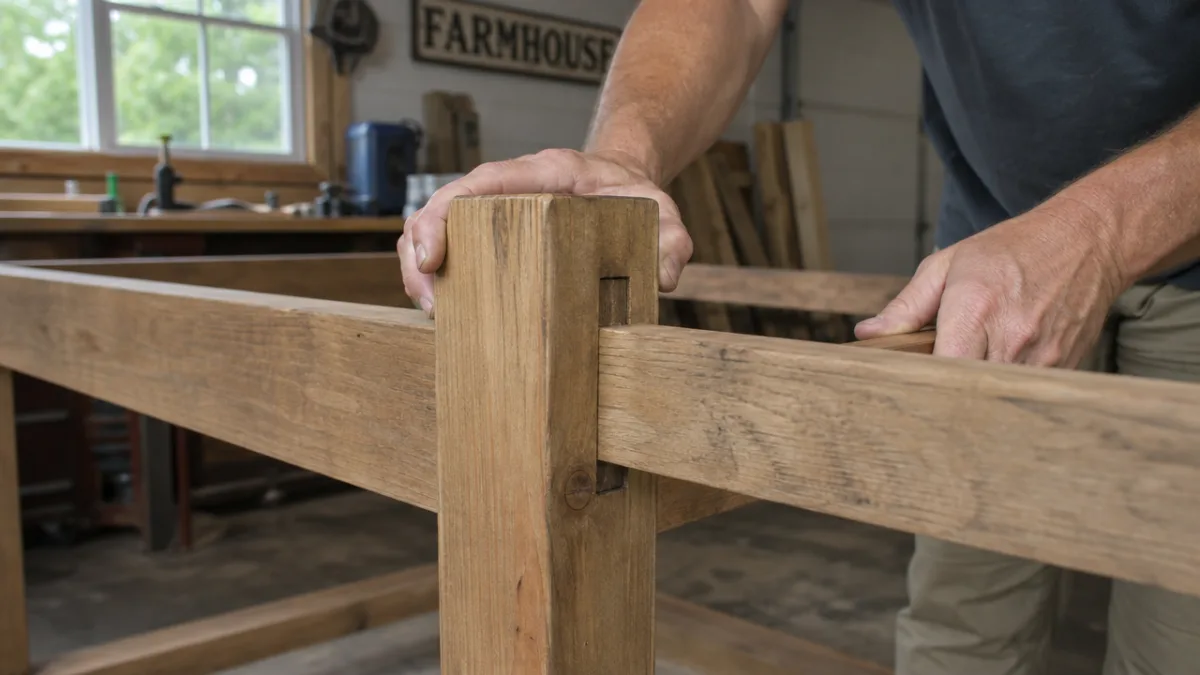 close-up of hands assembling a wooden farmhouse table frame in a garage…