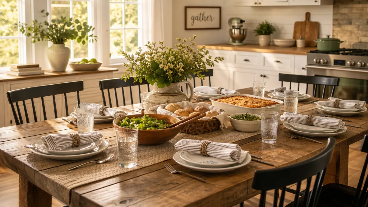 a finished farmhouse dining table set for a family meal in a…