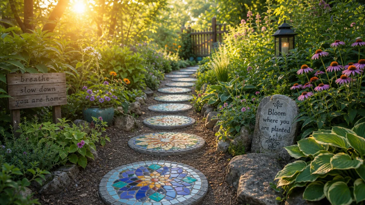 a sunlit garden path with colorful mosaic stepping stones surrounded by green…