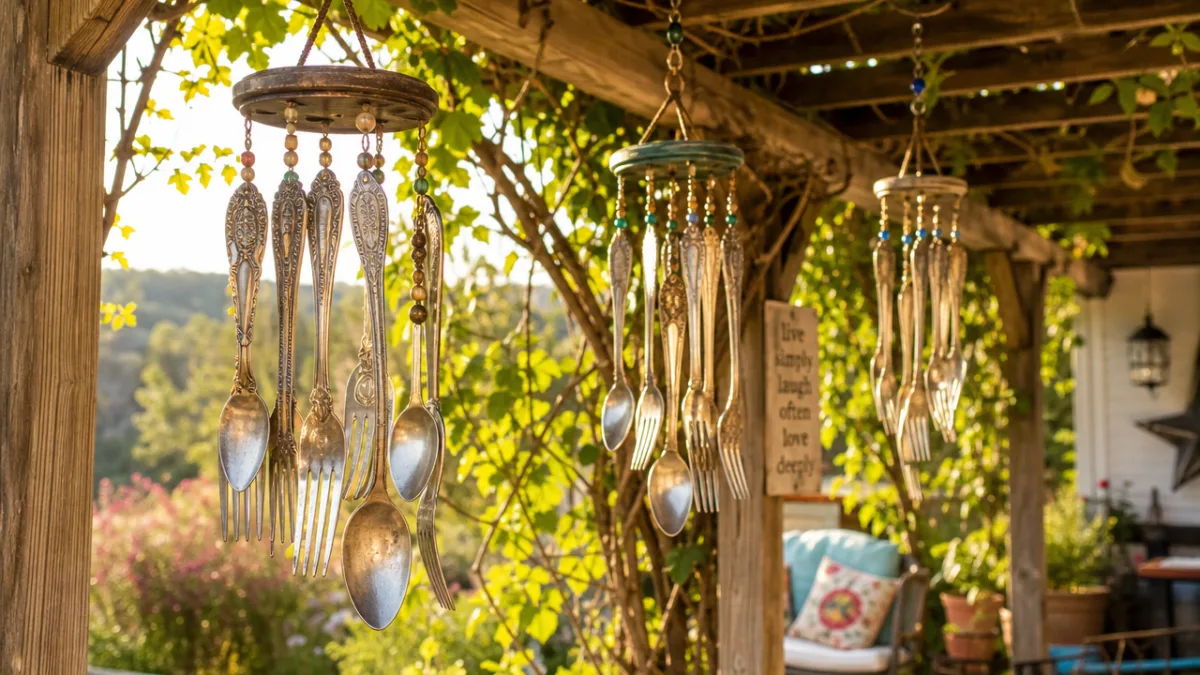 handmade wind chimes made from recycled silverware hanging from a wooden pergola…