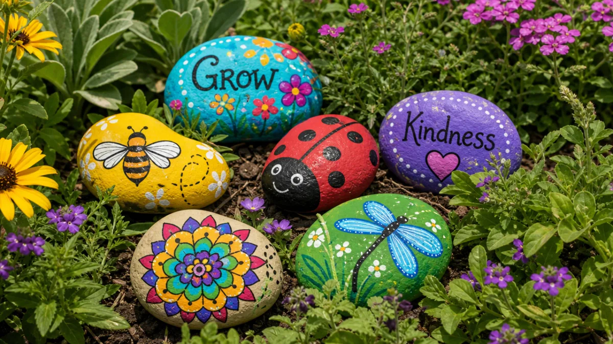 colorful hand-painted garden rocks arranged among green foliage and wildflowers in bright…