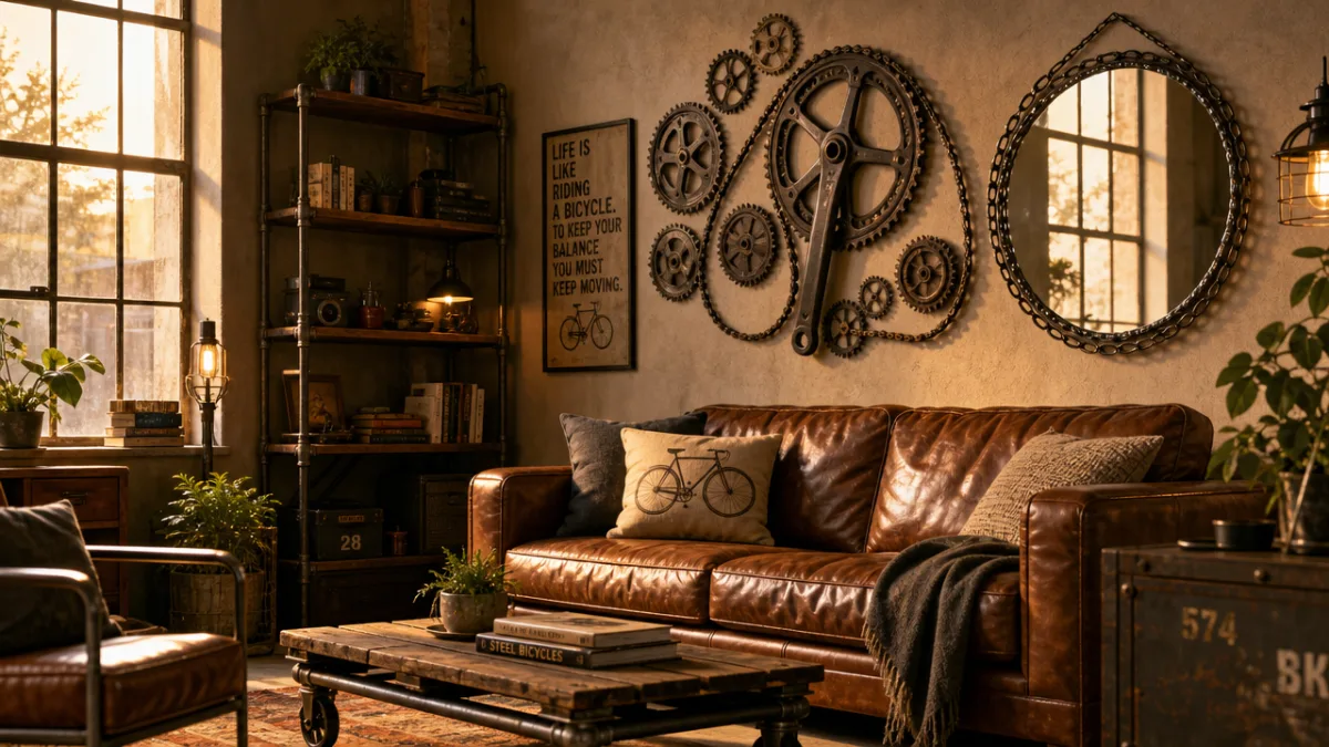 a warmly lit industrial-style living room featuring upcycled bicycle gear wall art…