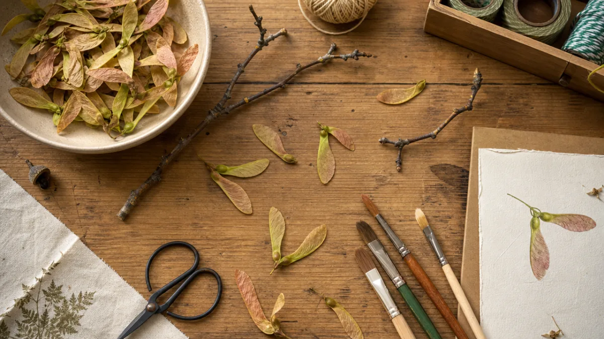 a flat lay of maple seeds, twigs, paint brushes and craft supplies…
