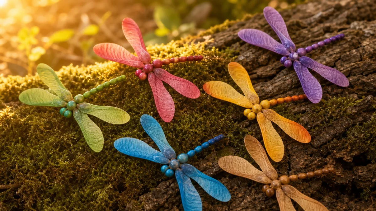 colorful finished maple seed dragonflies arranged on moss and bark, soft golden…