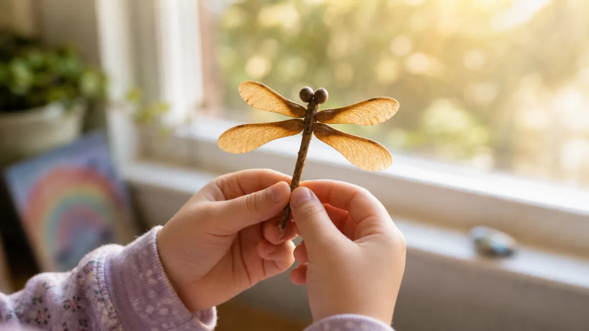 a child's hands holding a finished maple seed dragonfly near a sunlit…