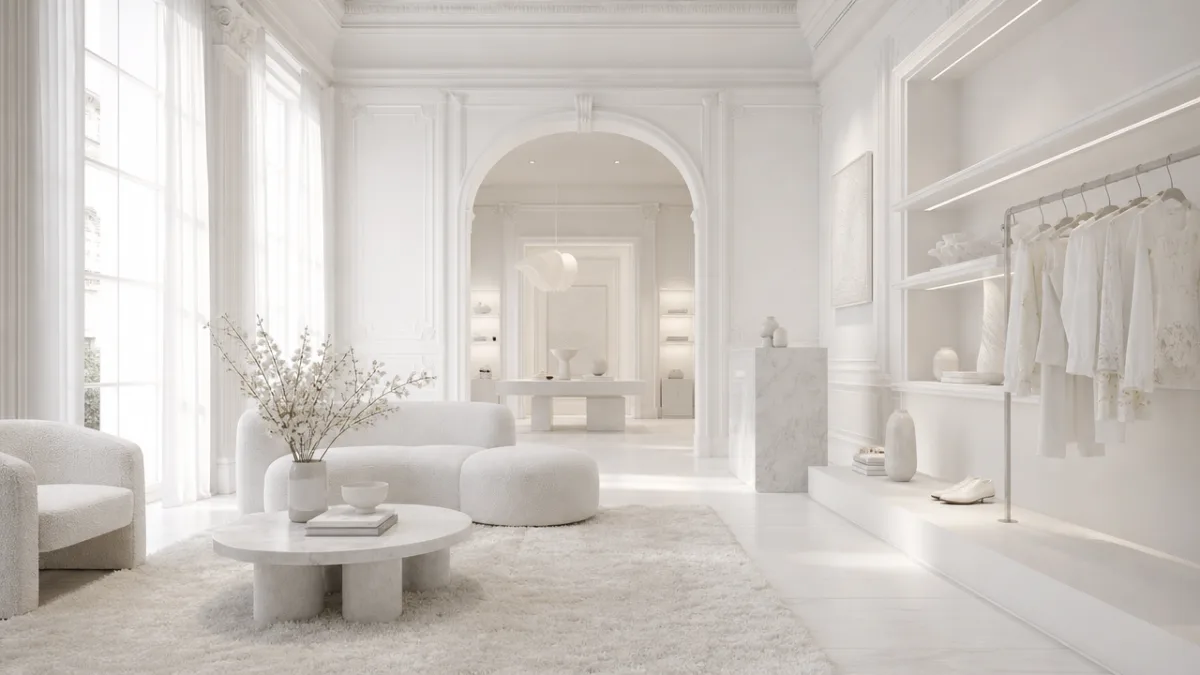 a luxurious all-white interior display room with layered textures, soft diffused natural…