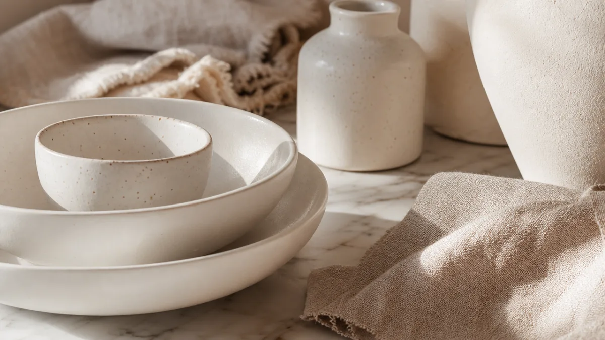 close-up of layered white ceramic vessels and linen textiles on a marble…