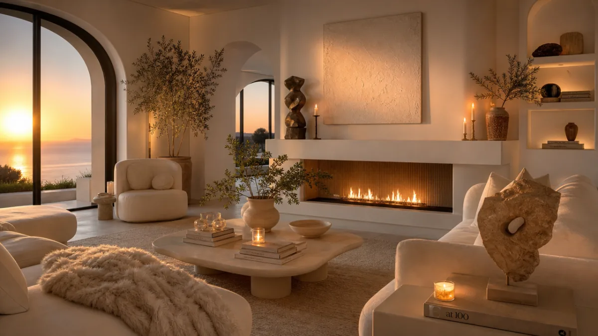 a serene white luxury living space at golden hour, warm candlelight accents,…