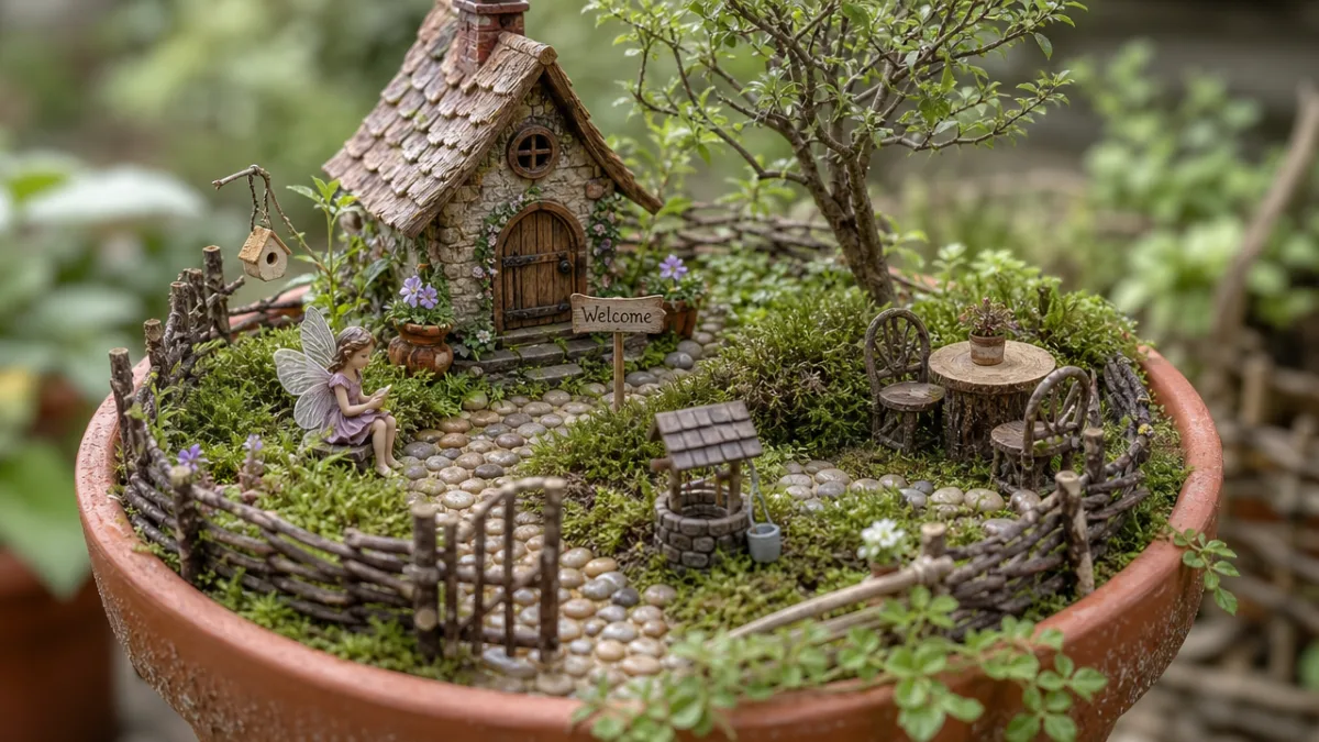 a detailed miniature fairy garden in a terracotta pot with moss, tiny…