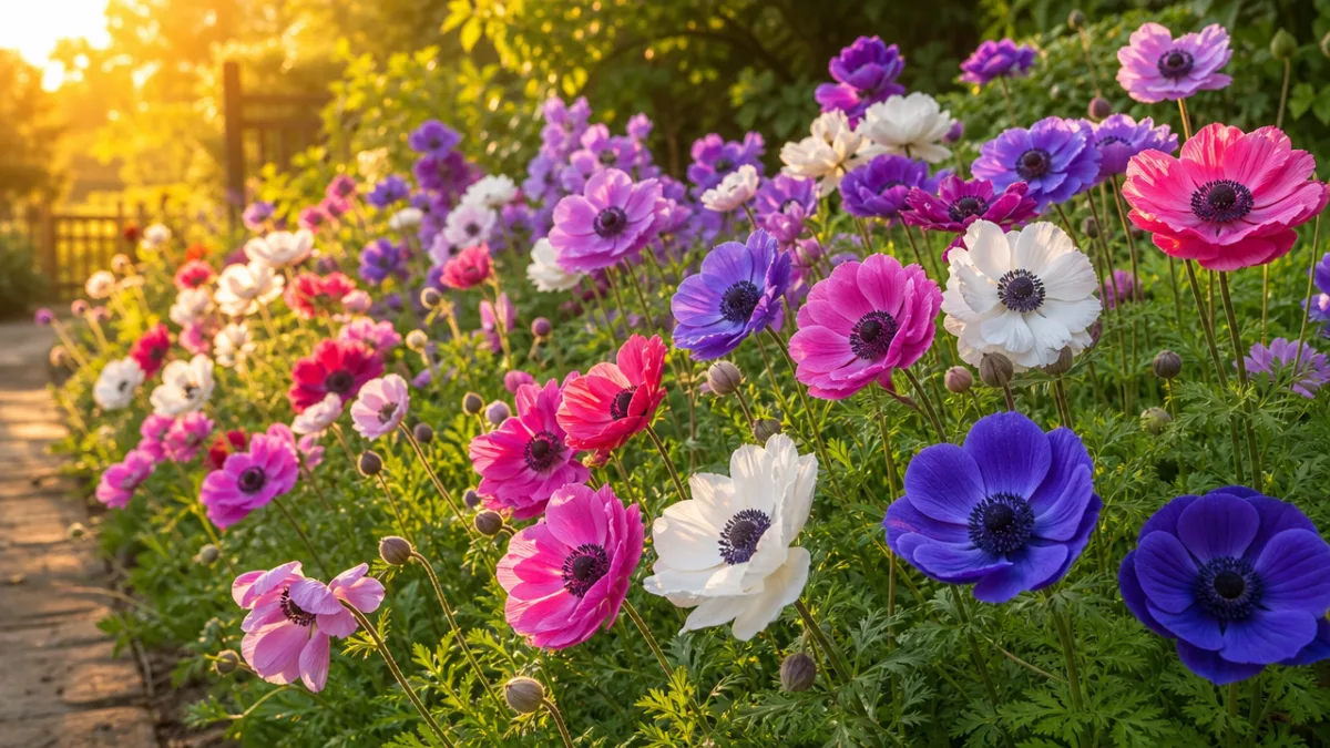 a thriving anemone garden border in full bloom with lush foliage, golden…