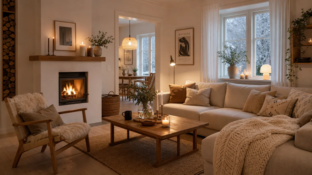 a warmly lit Scandinavian living room with natural wood accents, cozy textiles…