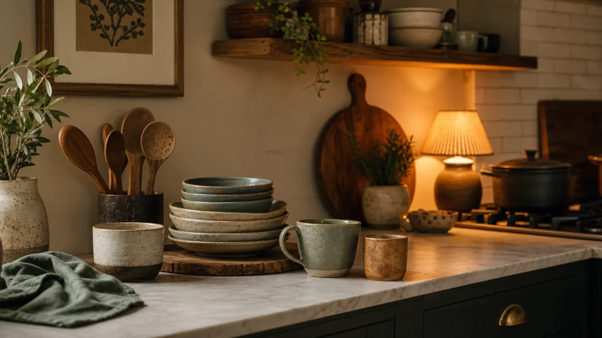 a styled kitchen counter with handmade ceramic dishes, wooden utensils and warm…