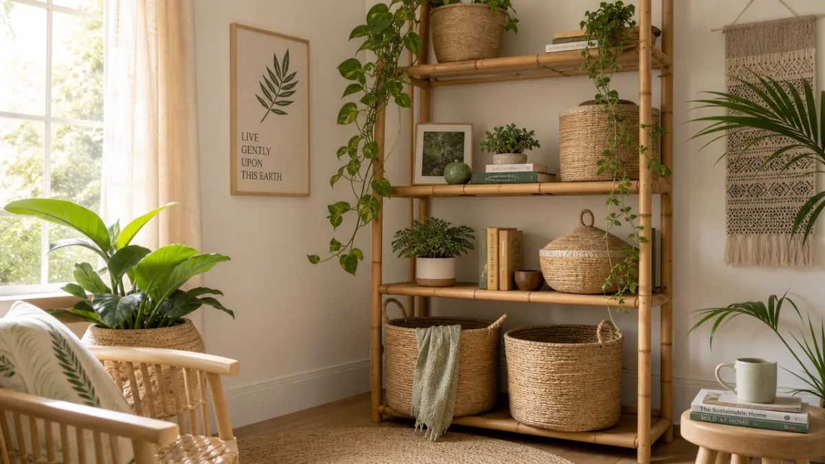 a sustainably decorated home corner with natural jute baskets, bamboo shelves and…
