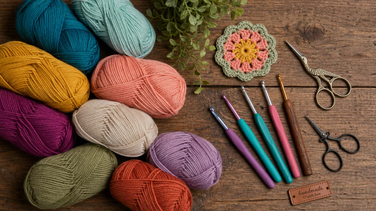 a flat lay of colorful yarn skeins, crochet hooks, and scissors arranged…