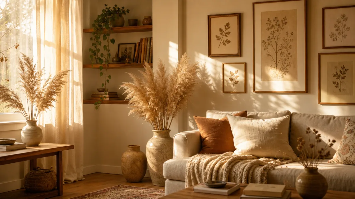 a cozy living room corner with dried pampas grass in ceramic vases…