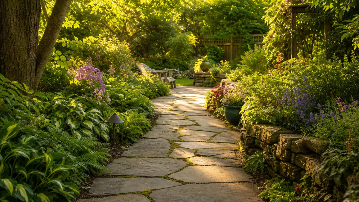 a lush backyard garden walkway made of natural stone pavers winding through…