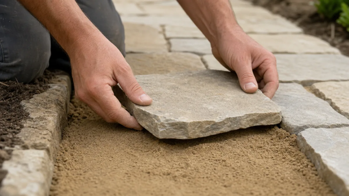 close-up of hands placing a natural stone paver on a sand bed…