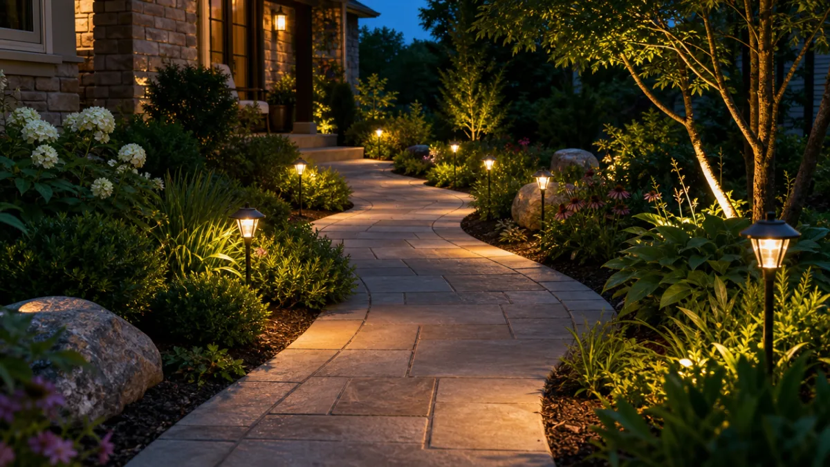a beautifully finished garden walkway at dusk with solar path lights glowing,…