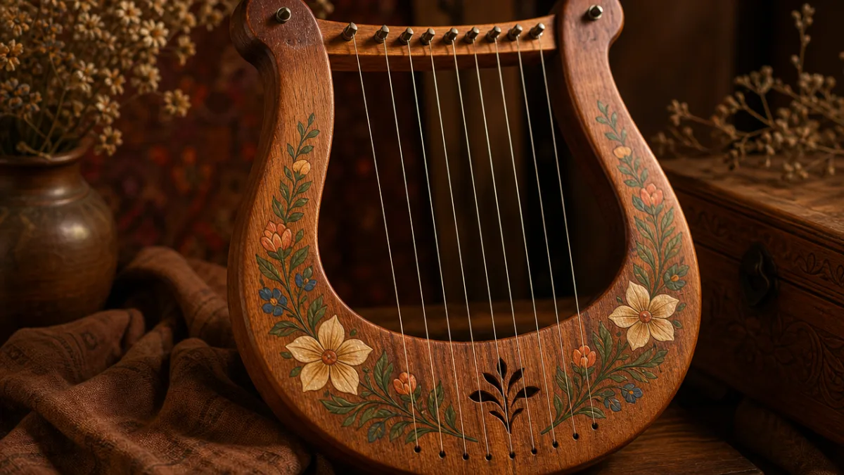 a close-up of a hand-painted wooden lyre harp with floral details, warm…