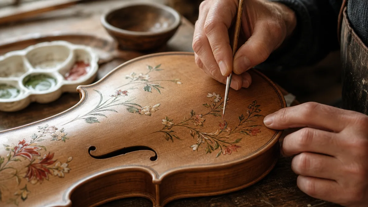 an artisan's hands carefully painting delicate botanical designs onto a wooden instrument…