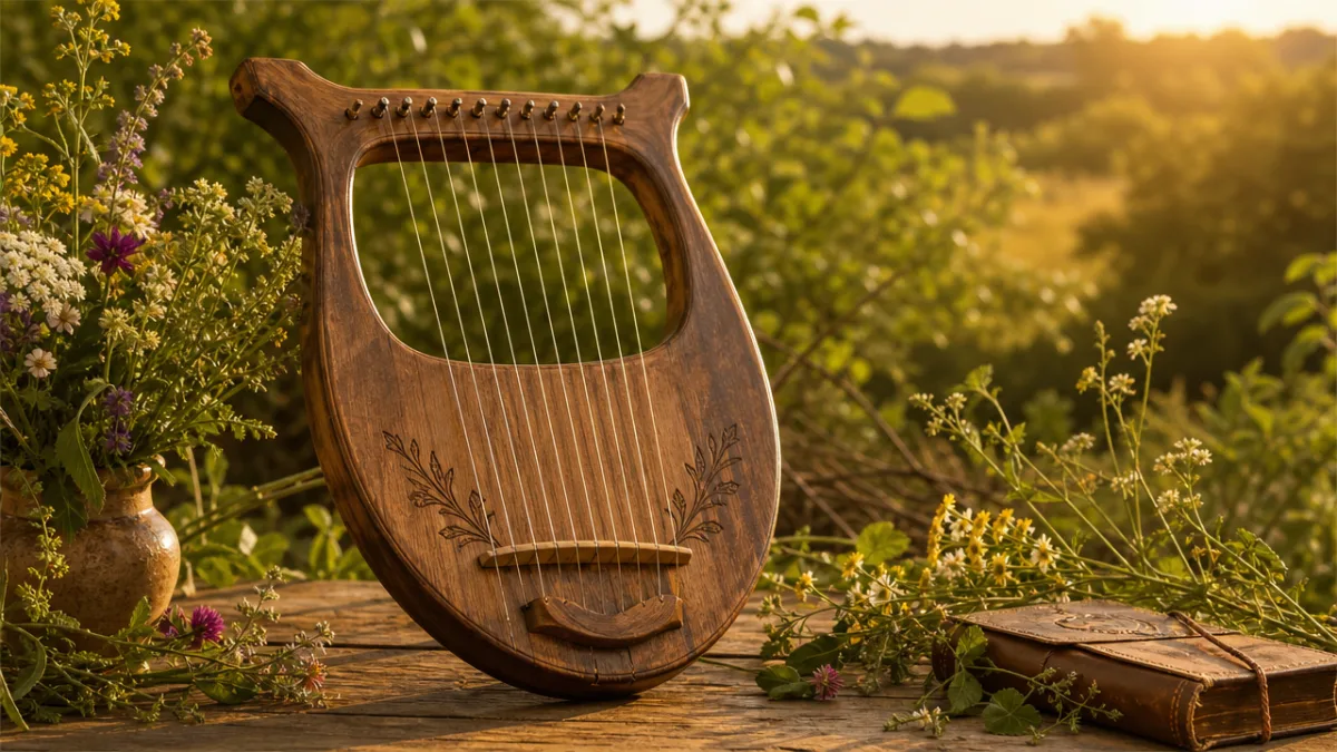 a lyre harp resting on a wooden table surrounded by wildflowers and…