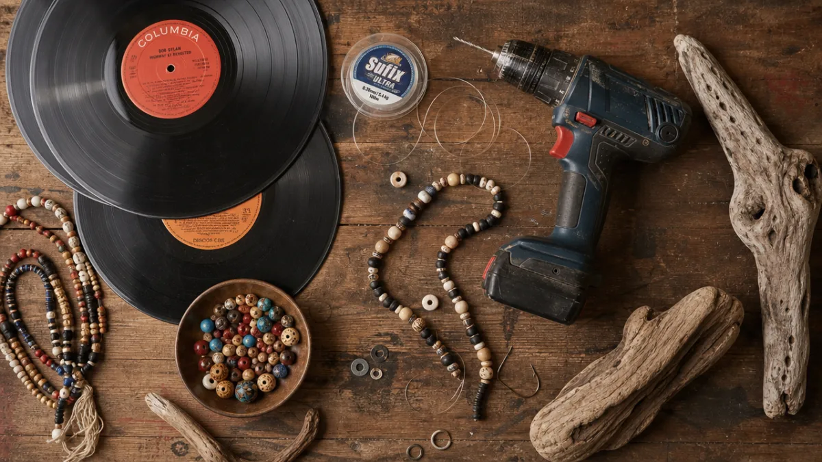a flat lay of vinyl records, beads, fishing line, drill and driftwood…