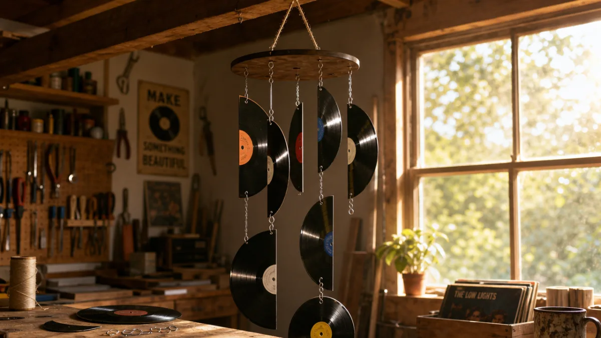 a half-assembled vinyl record wind chime hanging from a workshop beam, records…