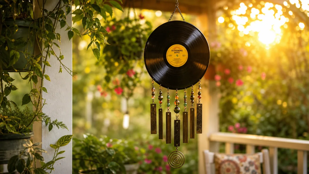a finished vinyl record wind chime hanging on a sunlit garden porch…