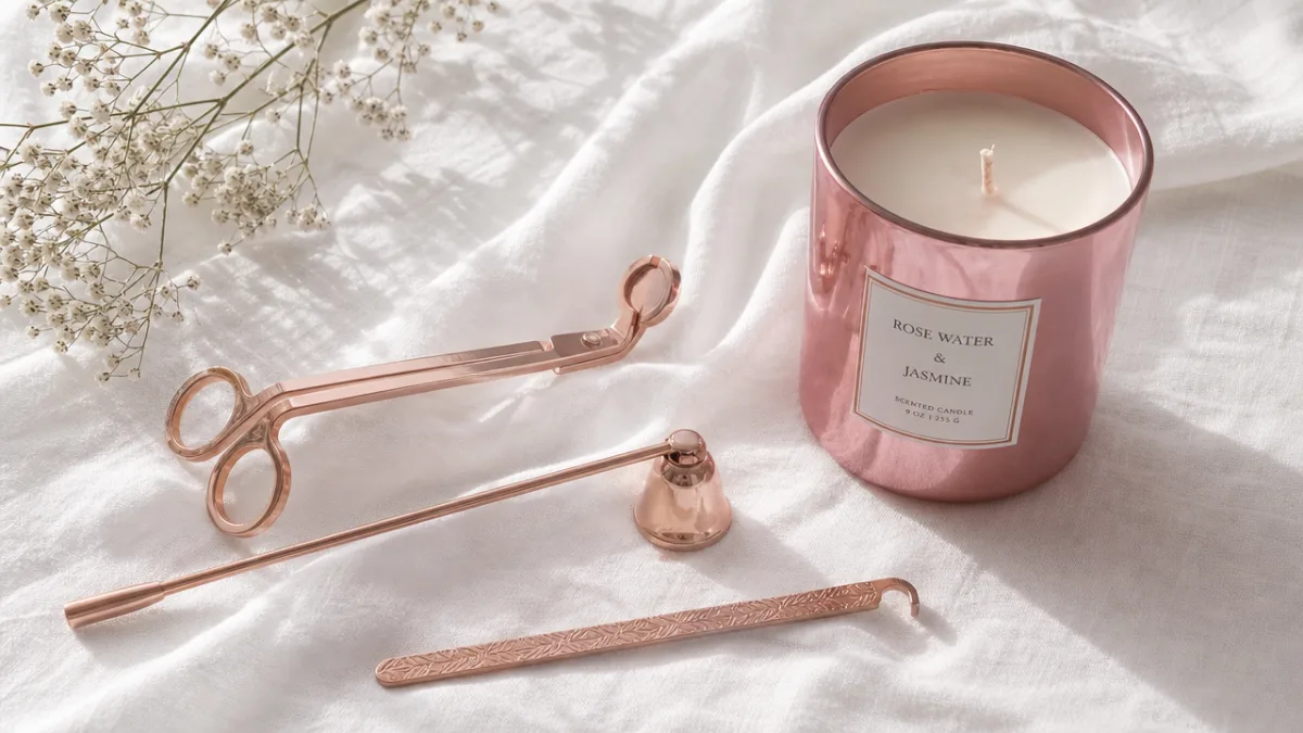 a flat lay of candle care tools beside a metallic pink candle…
