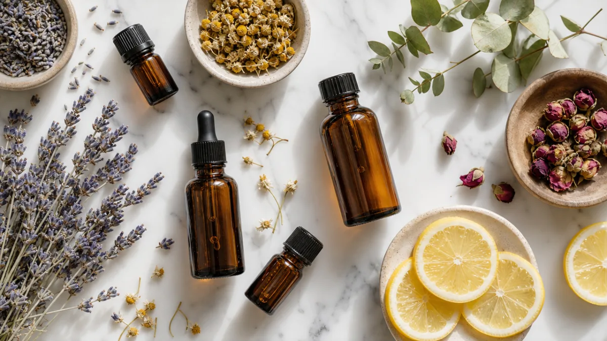 a flat lay of amber glass bottles, dried herbs, and lemon slices…