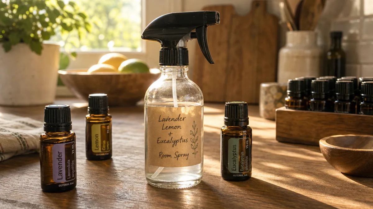 a glass spray bottle with a handwritten label surrounded by essential oil…