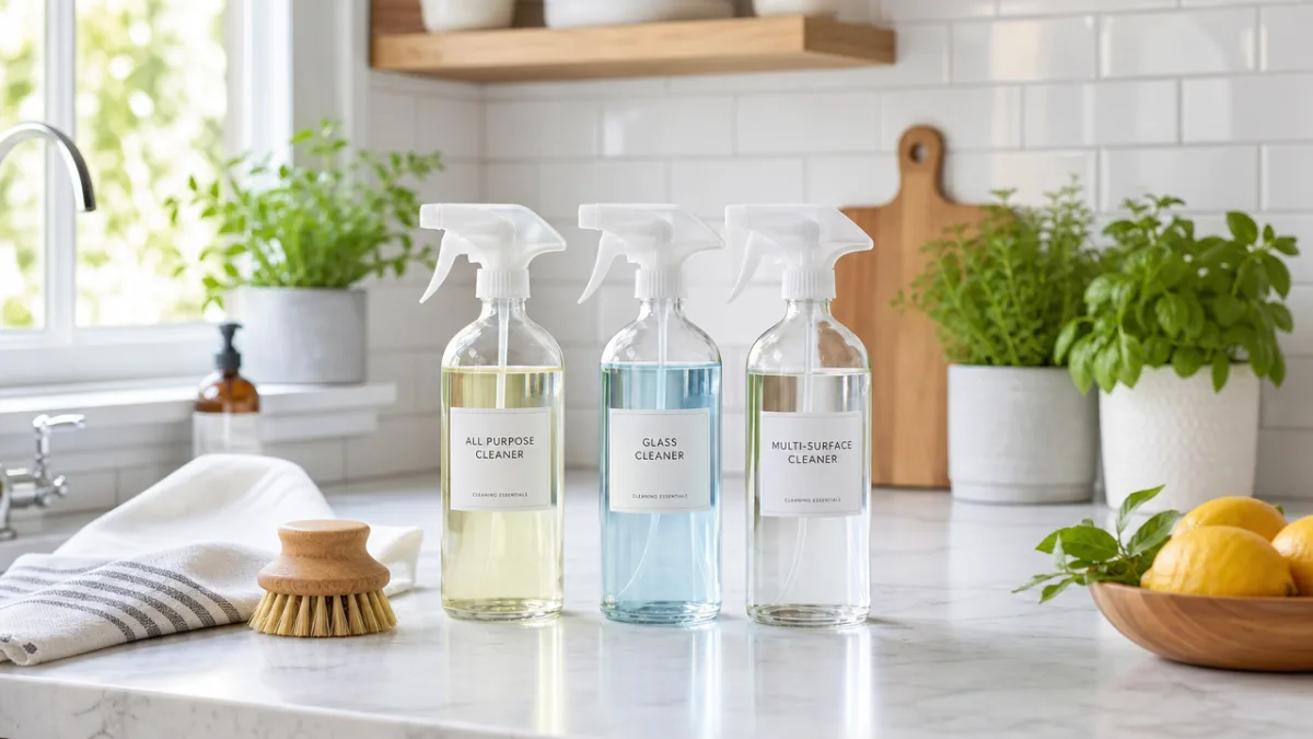 a bright clean kitchen with glass spray bottles on the counter, white…