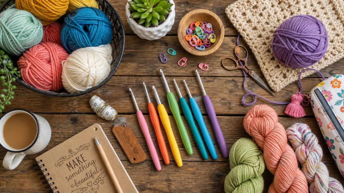 a flat lay of colorful yarn skeins, crochet hooks, and craft supplies…