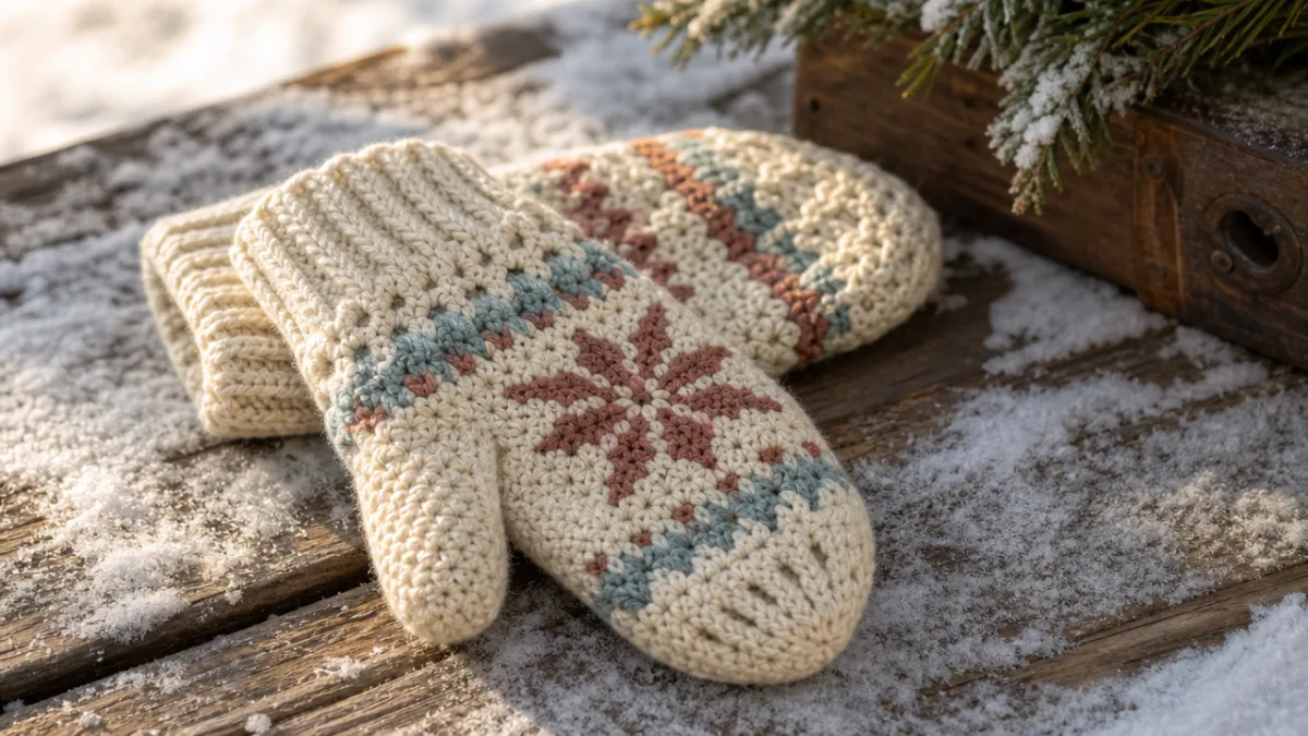 cozy handmade crochet mittens resting on a snowy wooden surface, soft winter…
