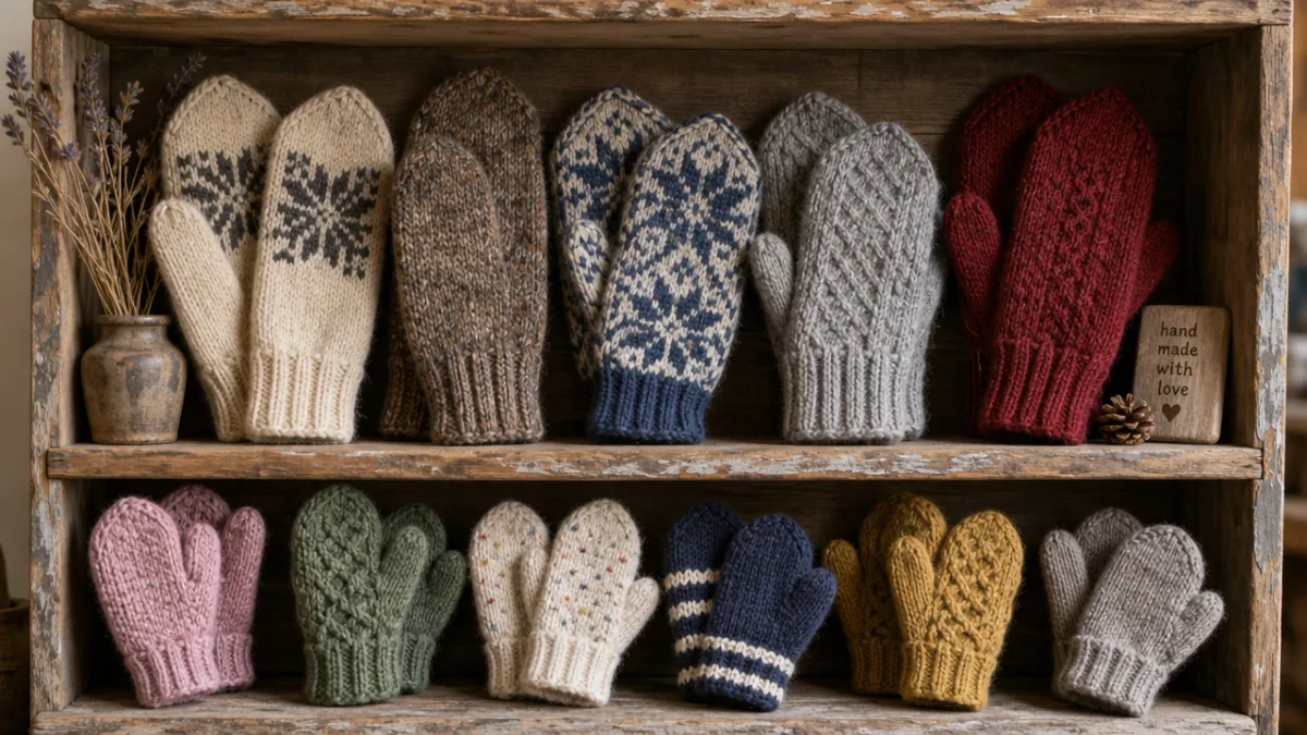 a collection of handmade mittens in various sizes displayed on a weathered…